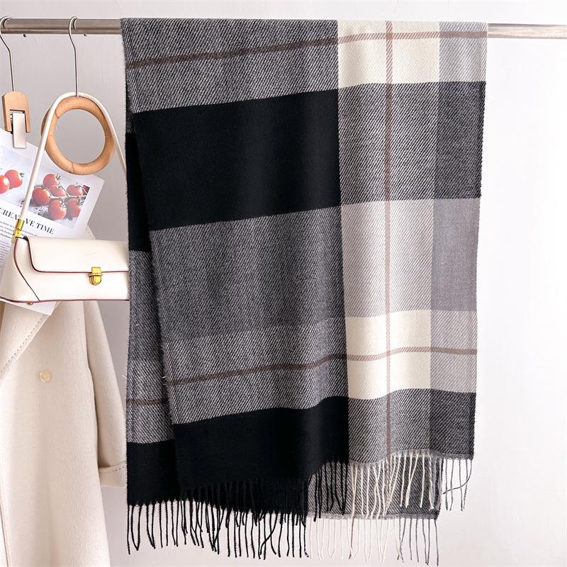 Unisex Korean Plaid Thick Winter Scarf with Tassels - Imitation Cashmere Shawl