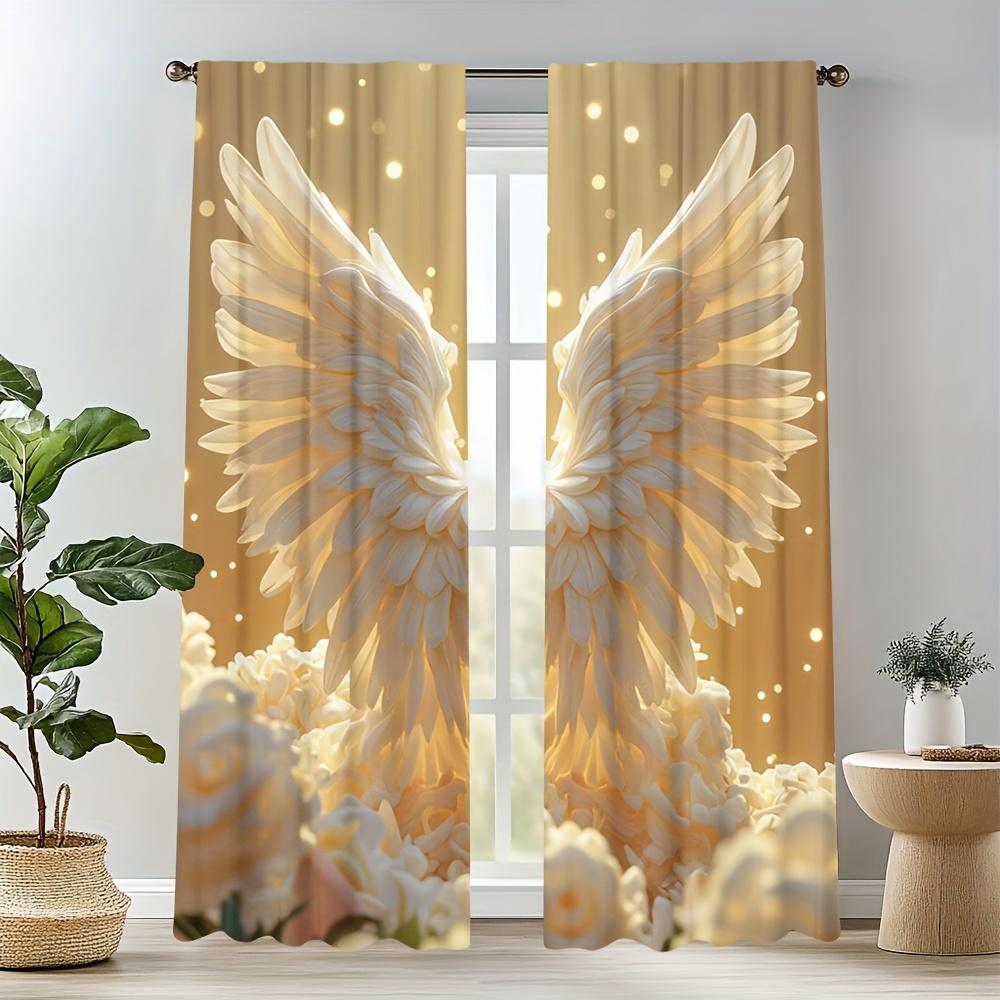 2pcs Gold Angel Wing Door Curtains – Soft Sheer Polyester for Bedroom   Living Room   Office & Caf Decor