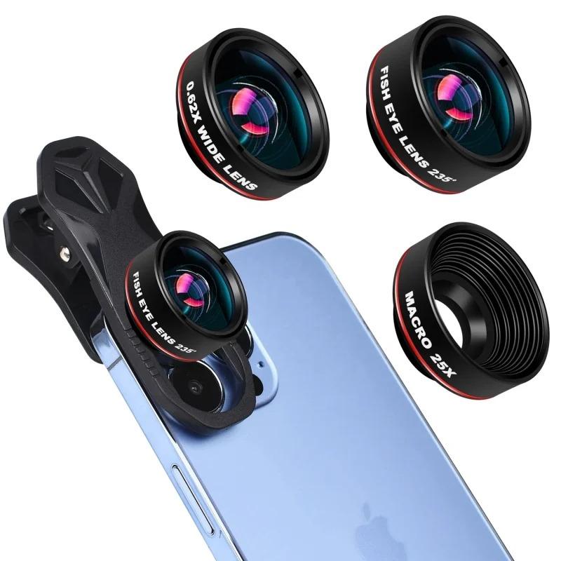 Universal 3-in-1 Phone Camera Lens Kit: Fisheye, 0.62x Wide Angle 25x Macro For Iphone 12/11/ Android Smartphone