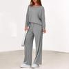 Women's V Neck Long Sleeve Ribbed Knit Top Wide Leg Pants 2 Piece Loungewear Set