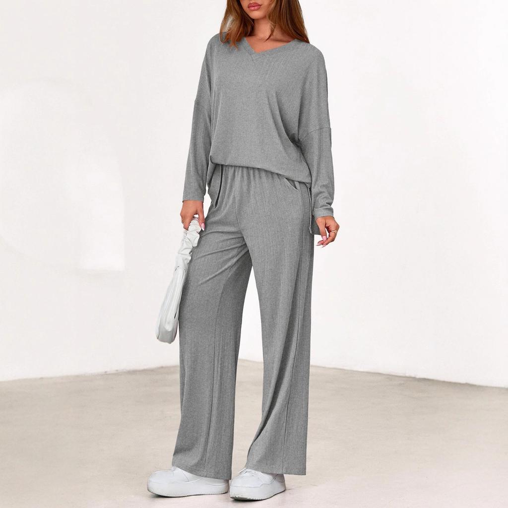 Women's V Neck Long Sleeve Ribbed Knit Top Wide Leg Pants 2 Piece Loungewear Set