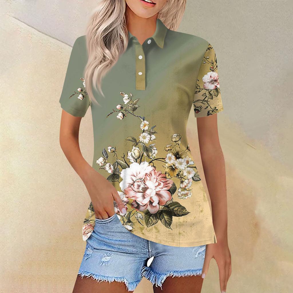 Women's Fashion Casual Lapel Short Sleeve Print Shirt Women's Button Up Tops