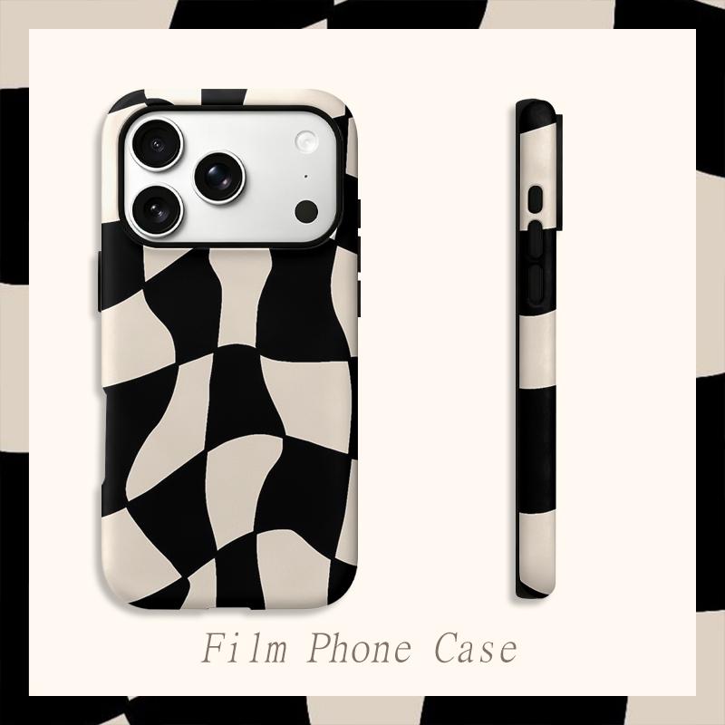 Warped Distorted Checkered Grid Black Cream Abstract Art Film Aesthetic Protective Shockproof Bumper Phone Case Cover For iPhone 14 15 16 Pro Max Plus