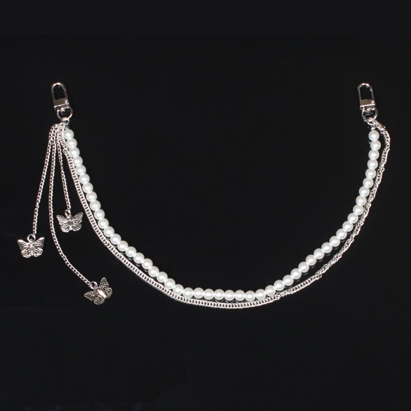 Double Layer Butterfly Pendant Pearl Alloy Pants Chain for Hip Hop Dancers Punk Girl Boy Harajuku Jeans Side Chain Bags Chain