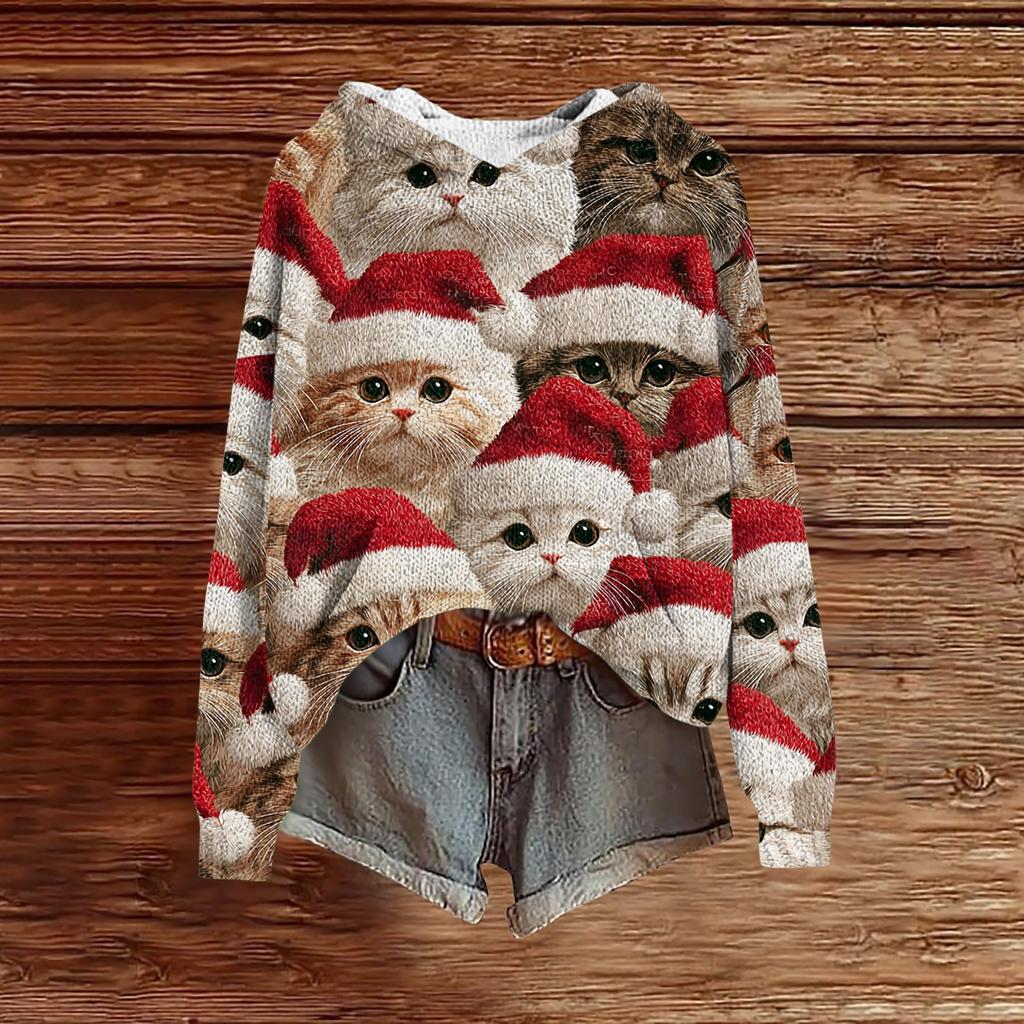 Women's Fashion Casual Long Sleeve Christmas Print Hooded Knitted Sweatshirt
