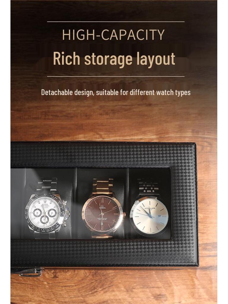 Carbon Fiber PU Double Layer Watch & Jewelry Storage Box - Holds 6 Watches & Cufflinks