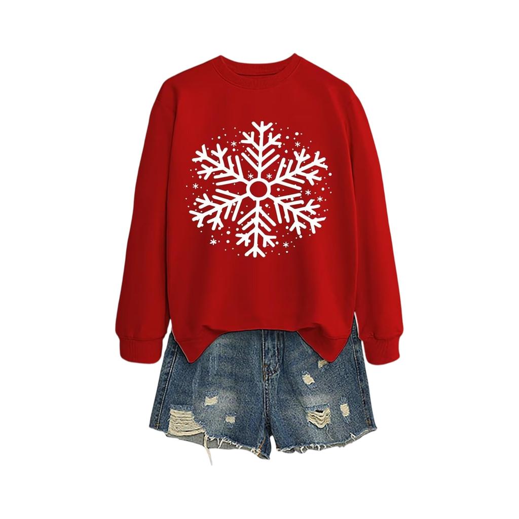 Women's Loose Comfortable Casual And Fashionable Round Neck Snowflake Pattern Printing Long Sleeved Sweatshirt