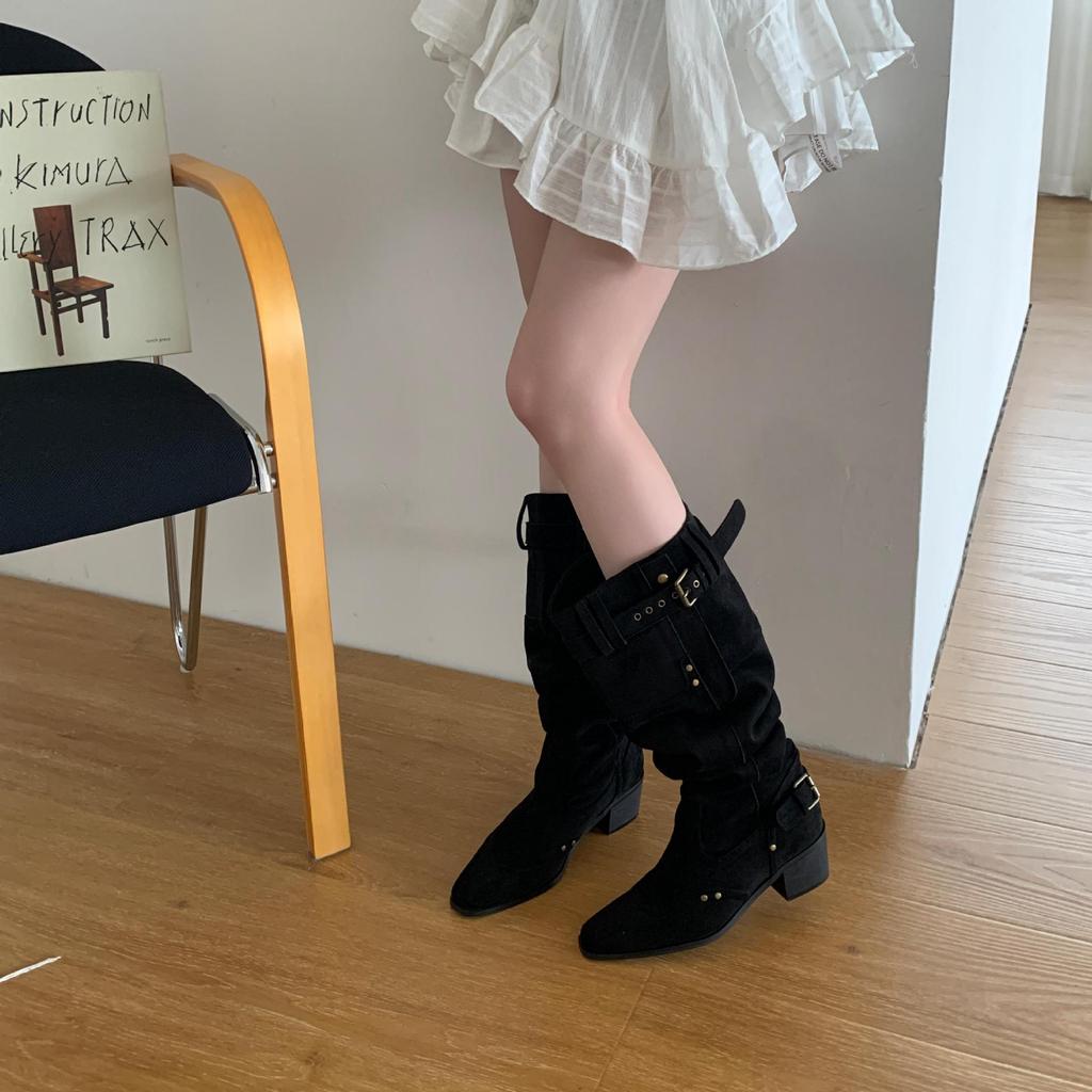 2025 Retro Western Cowboy Boots Thick Mid-heel Boots Niche Design Wide Tube Circumference Square Head Belt Buckle Stacking Boots