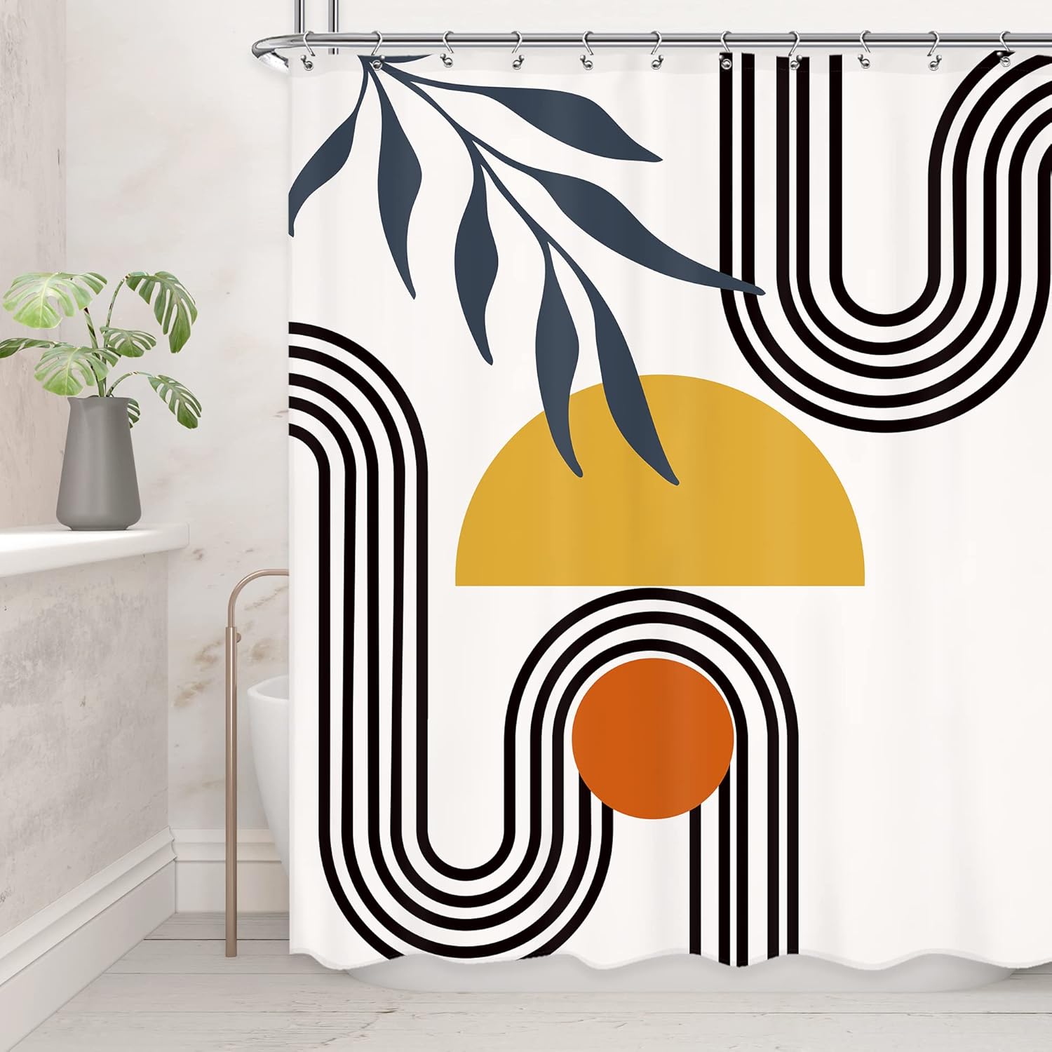 

Minimalist Art Shower Curtain Featuring Black Lines Yellow Sun And Orange Circle Contemporary Home Decor Trendy Bath Accessory W60H190(CM)-1 Pcs