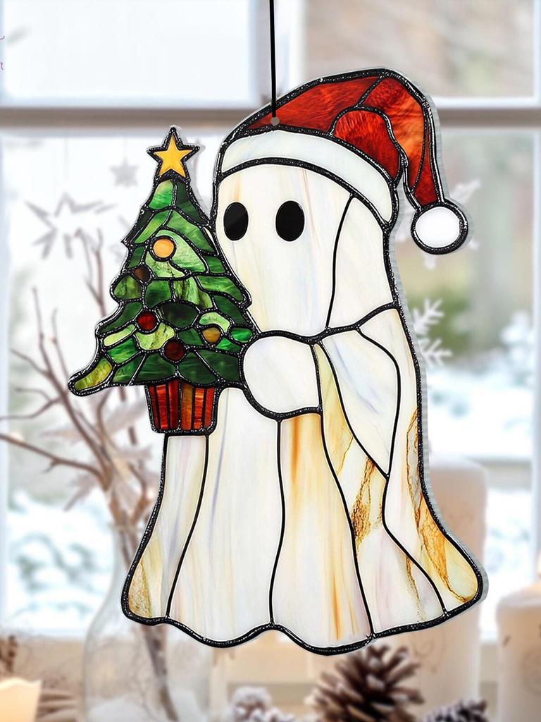 Acrylic Christmas Ghost Sun Catcher, Santa Hat&Christmas Tree Hanging Ornament, Window Decor Pendant for Home Festive Party Gift