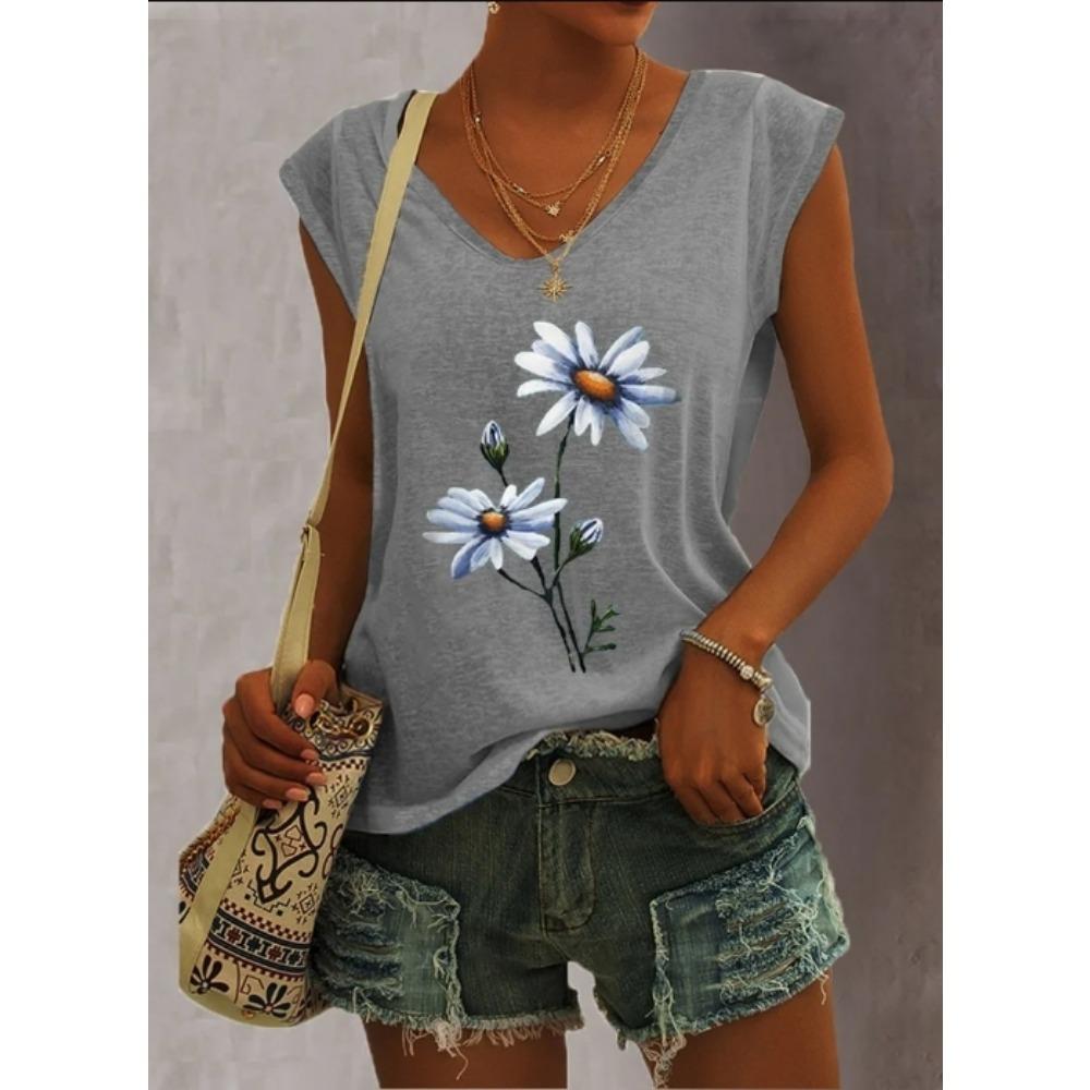 Summer Women 5 Color Ladies Fashion Floral Print Casual Tank Top Loose Sleeveless Tank Top V Neck Female T Shirt