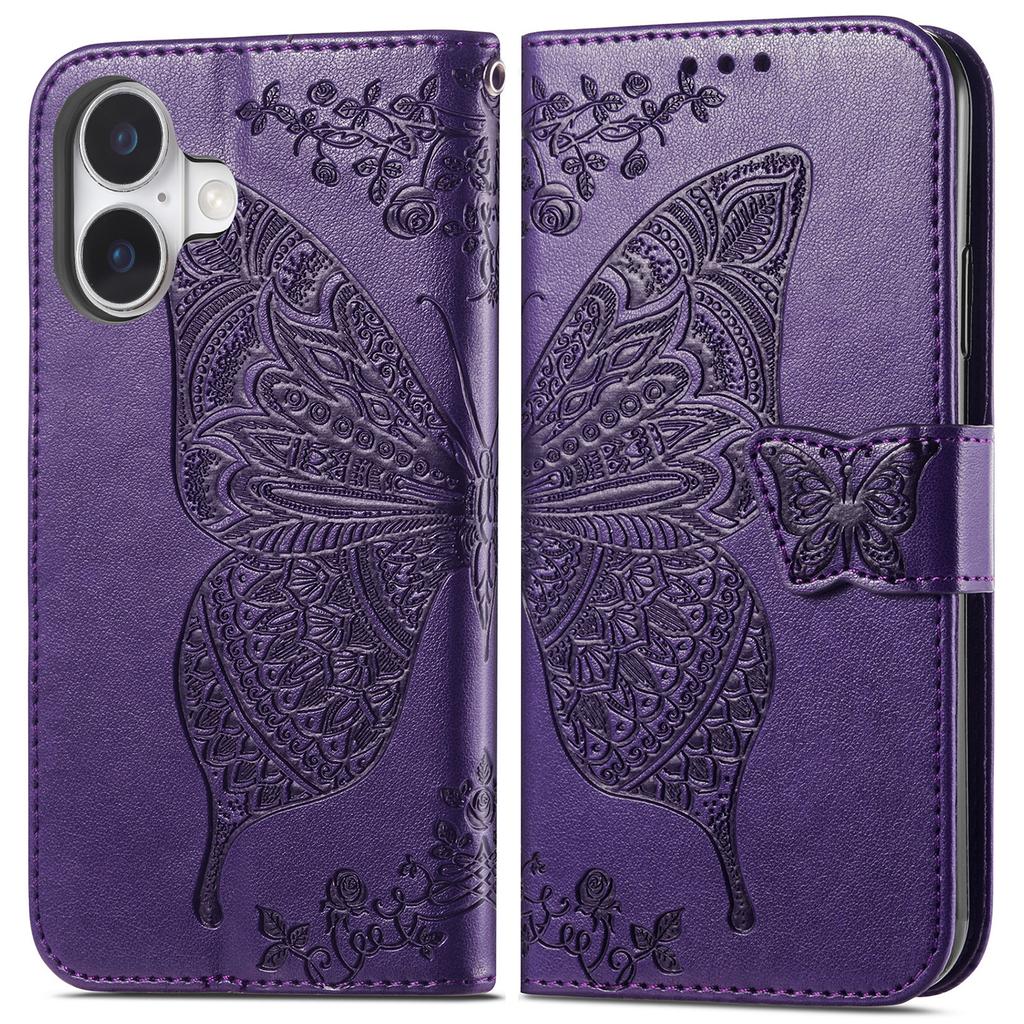 For iPhone 16 Case PU Leather Wallet Phone Cover Butterfly Pattern