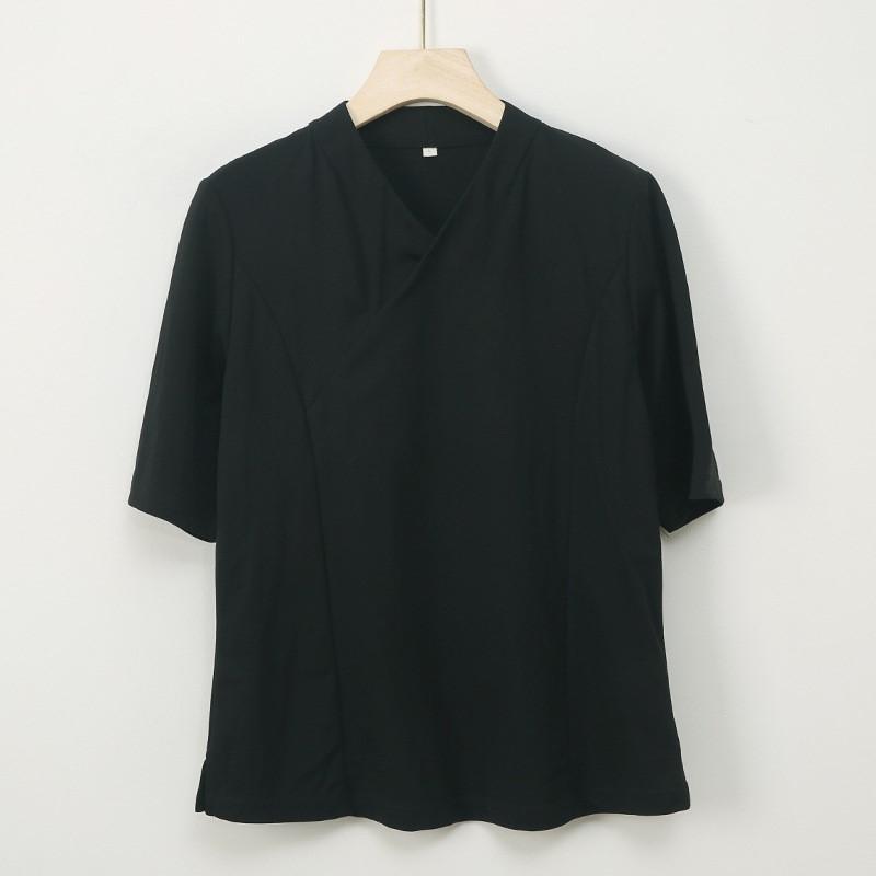 Johnature Women Chinese Style T-Shirts Solid Color V-Neck Seven Sleeve Summer Loose Casual T-Shirts