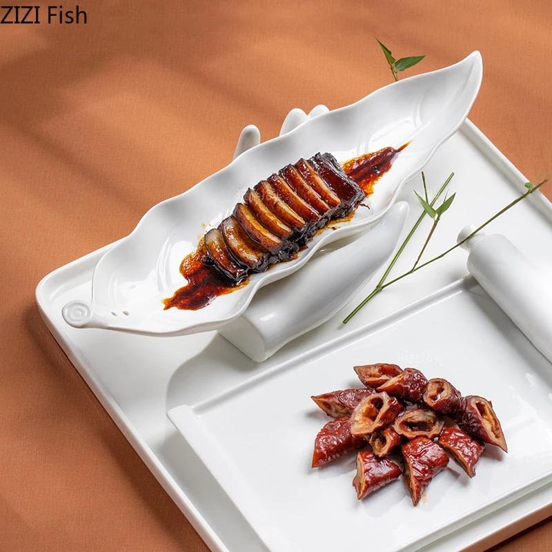 BRCreative White Tableware Leaf Plate Buddha Hand Plate Hotel Restaurant Dessert Sushi Plate Nordic Home Kitchen Ceramic TablewareEY