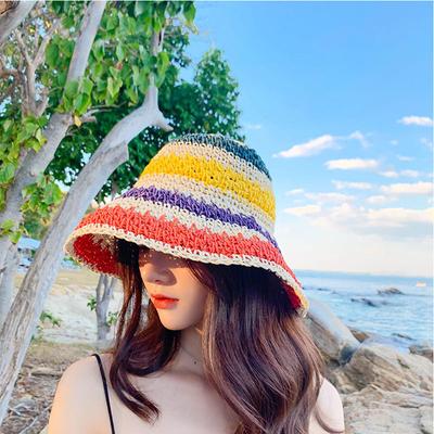 2021 Womens Straw Hat Rainbow Crochet Hand-made  Panamas UV Protection Sun Visor Beach Hats Women Visors Foldable Summer Sun Hat