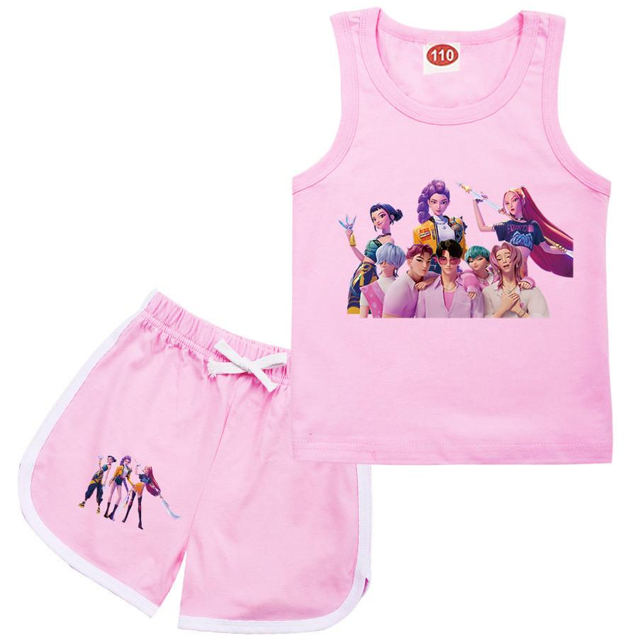 Kids Girls Anime Cartoon K-Pop Rumi POP Singer Zoey Mira Printed Casual Sleeveless T-Shirt Tank Top Shorts Clothes Set