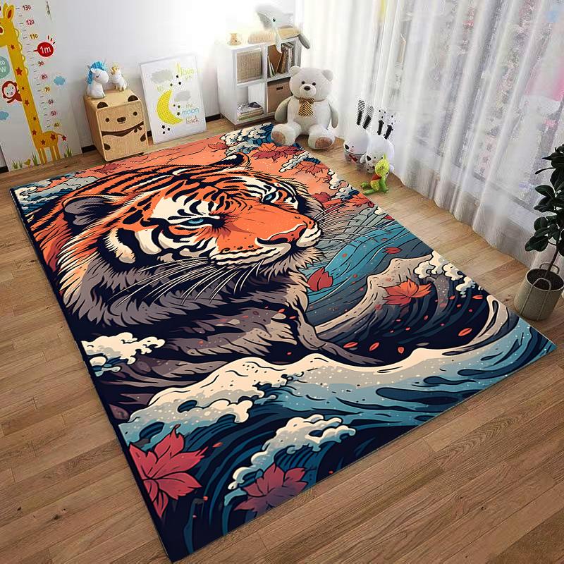 Majestic Tiger Rug in Vibrant Colors Surrounded by Waves Suitable for use as an anti-slip game mat for living room and bedroom sofas