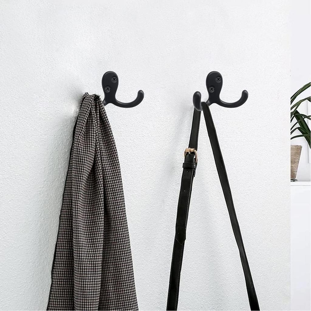 Coat Hooks Hardware, 10Pcs Wall Hooks Heavy Duty Hooks for Hanging Coats No Rust Double Robe Hook Wall Mounted for Key Towel Bags Cup Hat (Black)