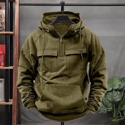 Wiosna Jesień Męska Bluza Z Kapturem Cargo Styl Ściągacz Duża Naszywana Kieszeń Pół Zamek Długie Rękawy Jednolity Kolor Codzienny Codzienny Sportowy Top