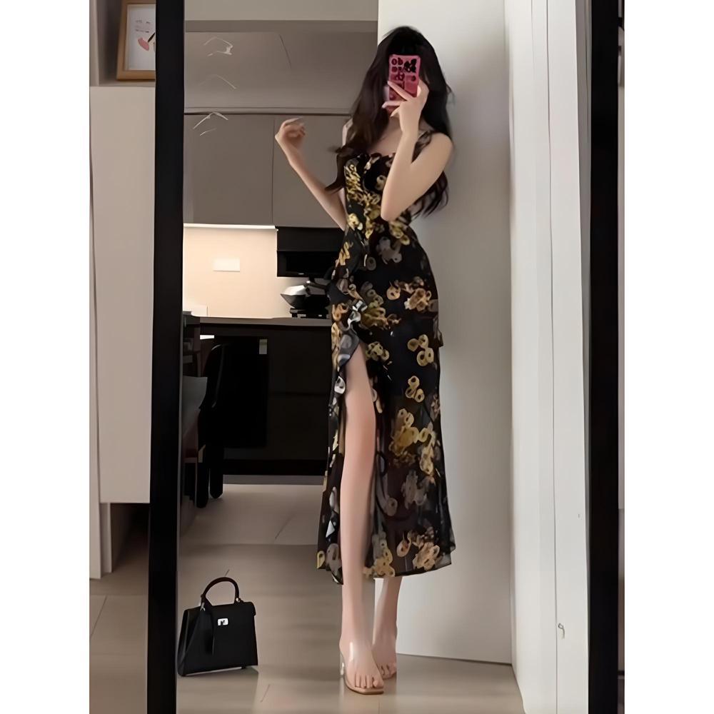 

Ретро платье-сарафан с цветочным принтом и оборками по краю листа, супер красивое, приталенное, облегающее бедра, летнее S- (can be worn within 45kg)