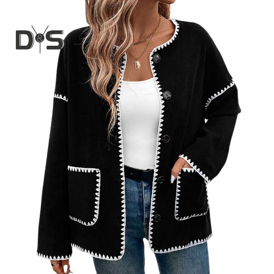 

Осень-весна Женское пальто с зигзагообразным краем, однобортный кардиган на пуговицах, свободный, подходящий по цвету, с длинными рукавами, куртка для свиданий и поездок на работу XL чёрный