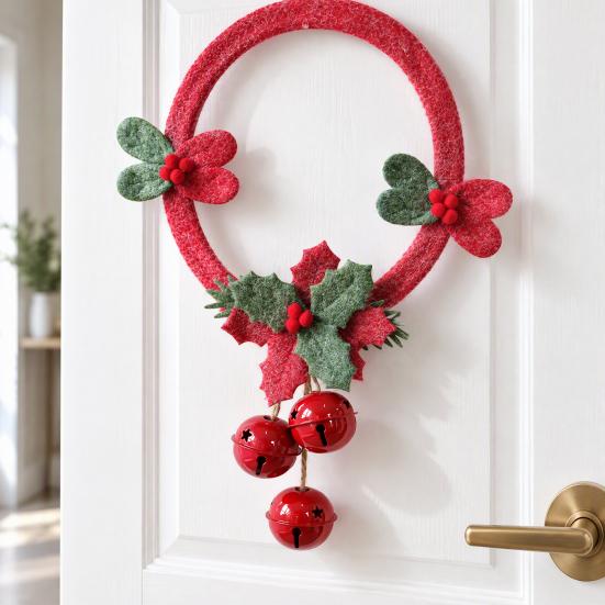 Christmas Window Decoration Non-woven Fabric Bell Wreath, Holly Berry Wreath with Mini Xmas Tree Bells, Hanging for Front Door Wall