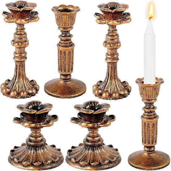 Suclain 6 Pcs Vintage Candlestick Holders Taper Resin Candle Holder Retro Antique Candle Holder Floral Decorative Candlesticks for Wedding