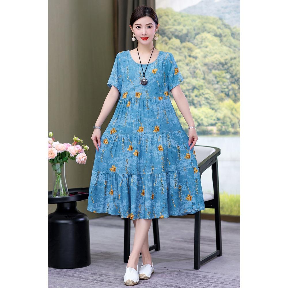 Summer Short-sleeved, Loose and Long Artificial Cotton Dress for Middle-aged and Elderly Women
