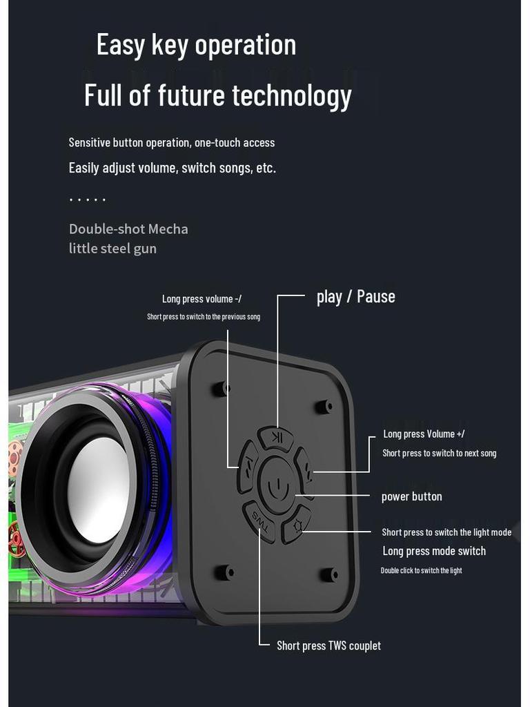 Cross-border V8 Bluetooth Speaker: Transparent Mecha Design, Heavy Bass, Long Battery Life, Portable, Colorful TWS Little Cannon.