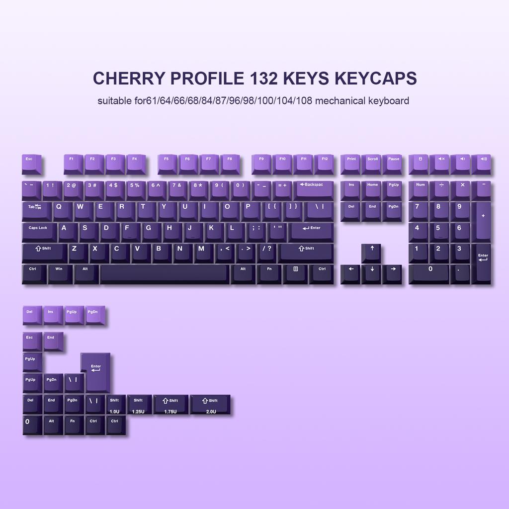 Conjunto de teclas PBT de 132 teclas, perfil Cherry, teclas Purple Double-Shot para interruptores Cherry/Gateron MX, personalização de teclado mecânico