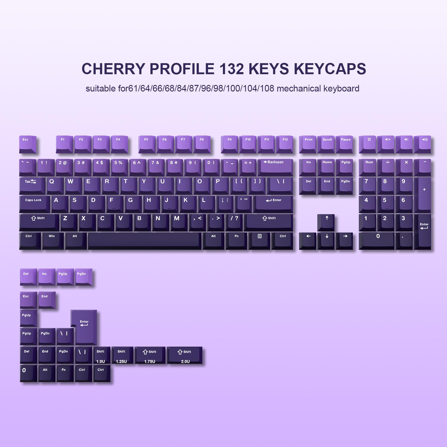 

Набор из 132 клавишных колпачков PBT, профиль Cherry, фиолетовые колпачки Double-Shot для переключателей Cherry/Gateron MX, настройка механической клавиатуры