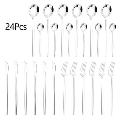 24Pcs Silver Cutlery Set Western Stainless Steel Tableware Dinner Knife Fork Coffee Spoon Flatware Kitchen Dinnerware Silverware