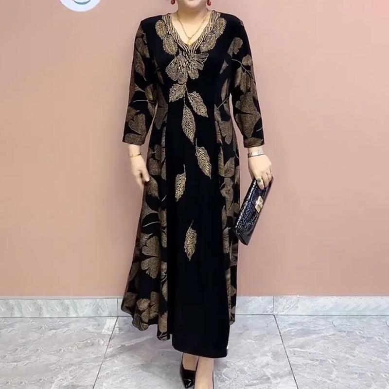 Autumn Women's V-Neck Velvet Dress Plus Size Loose Printed Long Dress
