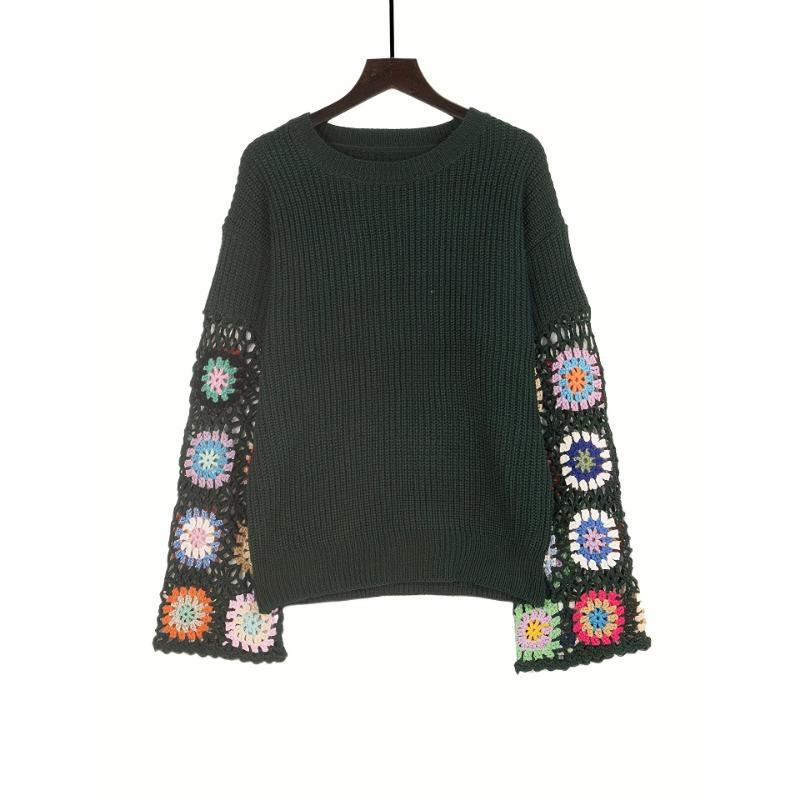 Høst og Vinter Dame Strikk Blussermermer Håndlaget Hul Blandet Farge Heklet Genser Rund Hals Pullover Topper