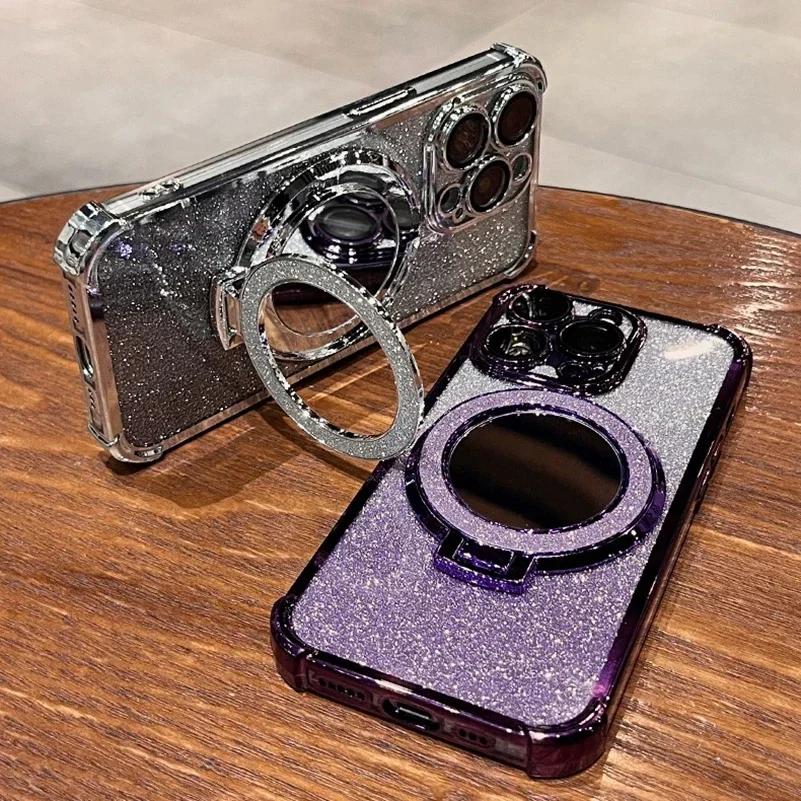 Luxury For Magsafe Wireless Charging Glitter Phone Case For iPhone 17 16 11 12 13 14 15Pro Max Plus Plating Airbag Bracket Cover