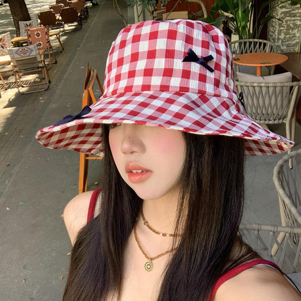 Sun Protection Hiking Fisherman Hat Small Lattice Bow Bucket Hat Sweet Plaid Hiking Cap  Camping