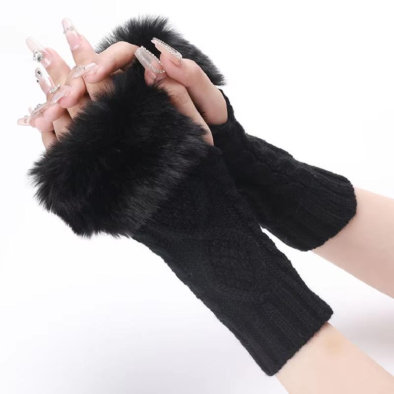 

Women Furry Warm Sleeves Gloves Autumn Winter Lady Faux Rabbit Fur Fingerless Elastic Knitted Hemp Mittens чорний