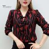Women Tie Shirt V-neck Long Sleeve Pullover Tops Printing Faux Pearl Loose Fit Blouse Plus Size Streetwear