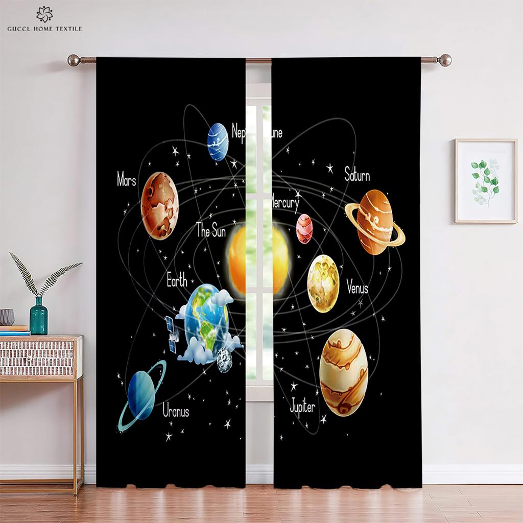 Custom Cartoon Animation Window Drapes, Universe Star Pattern, Bedroom, Living Room, Kitchen Decorative Curtains, 2 Pieces
