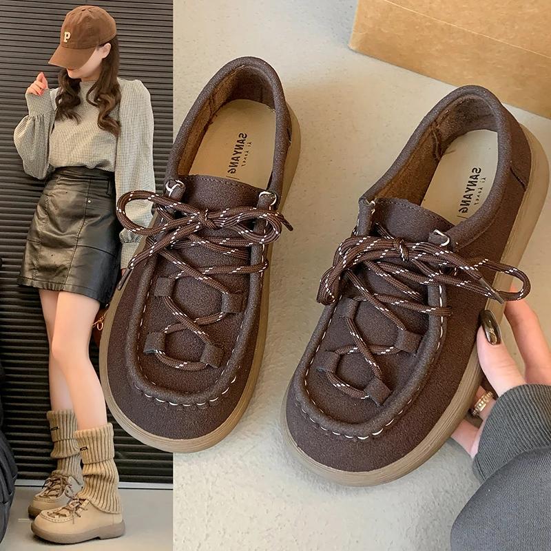 Women's Casual Shoes Suede  Straps Flat Shoes Women Leisure Round Heel Flannel Spring Round Heel Retro Zapatillas De Mujer