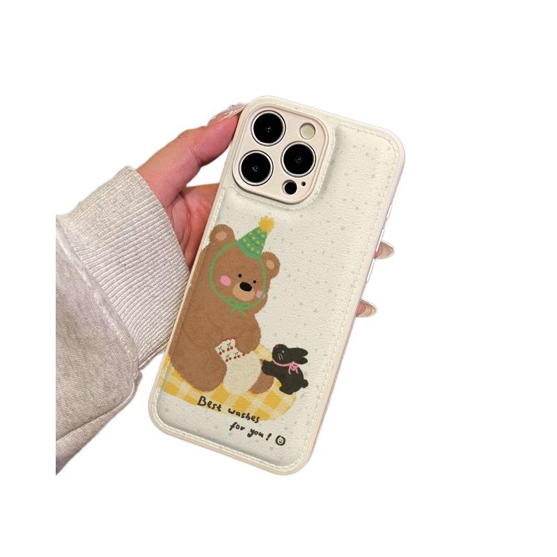 Applicable to iPhone17PRO birthday bear mobile phone case black cat illustration Apple 16/15 anti-drop leather pattern bread case
