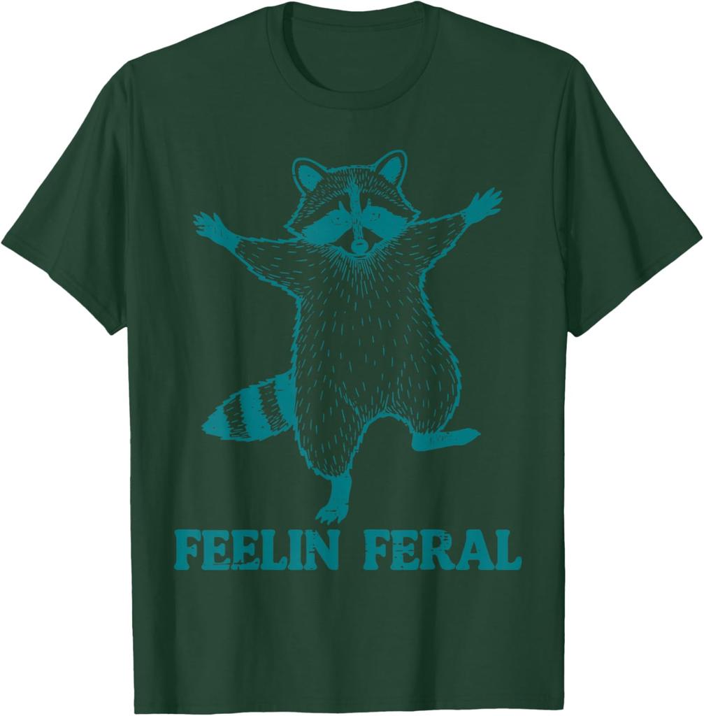 Raccoon Feelin Feral Funny Graphic Tee Casual Short Sleeve Cotton TShirt for Men Women