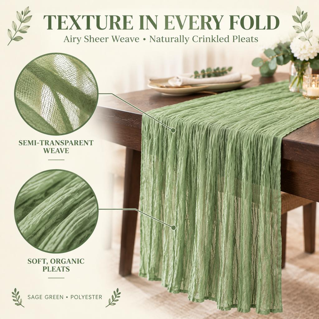Bohemian Pleated Table Runner Sage Green 90x180cm