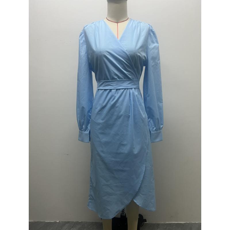 Women S V Neck Long Sleeve Wrap Tie Waist Long Dress