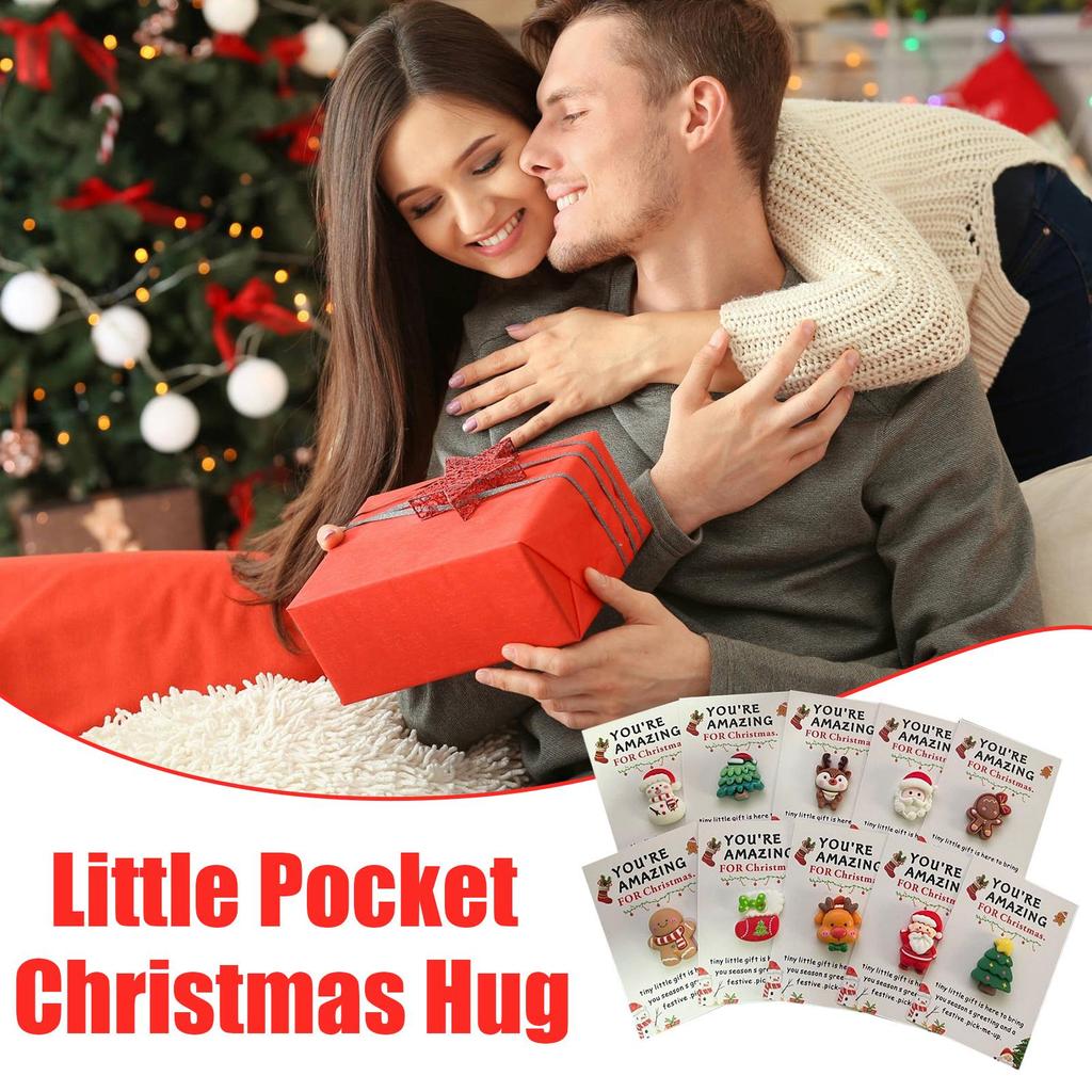 10pcs Pocket Christmas Hug Ornament Small Santa Claus Figure with Greeting Cards for Christmas Gift Bag Fillers Stocking Stuffer
