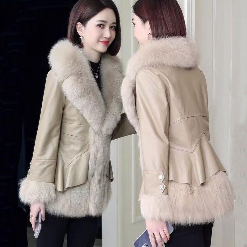 Winter Women's  Faux Fur Coats Slim V Neck Faux Fox Fur Coat Thickened PU Leather Jacket with Fur Collar