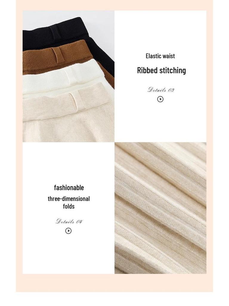 Women's Petite High Waist Knitted A-line Pleated Umbrella Skirt for Autumn and Winter