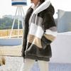 Women's Fashionable Plush Patchwork Zipper Pocket Hooded Long Sleeved Loose Warm Jacket