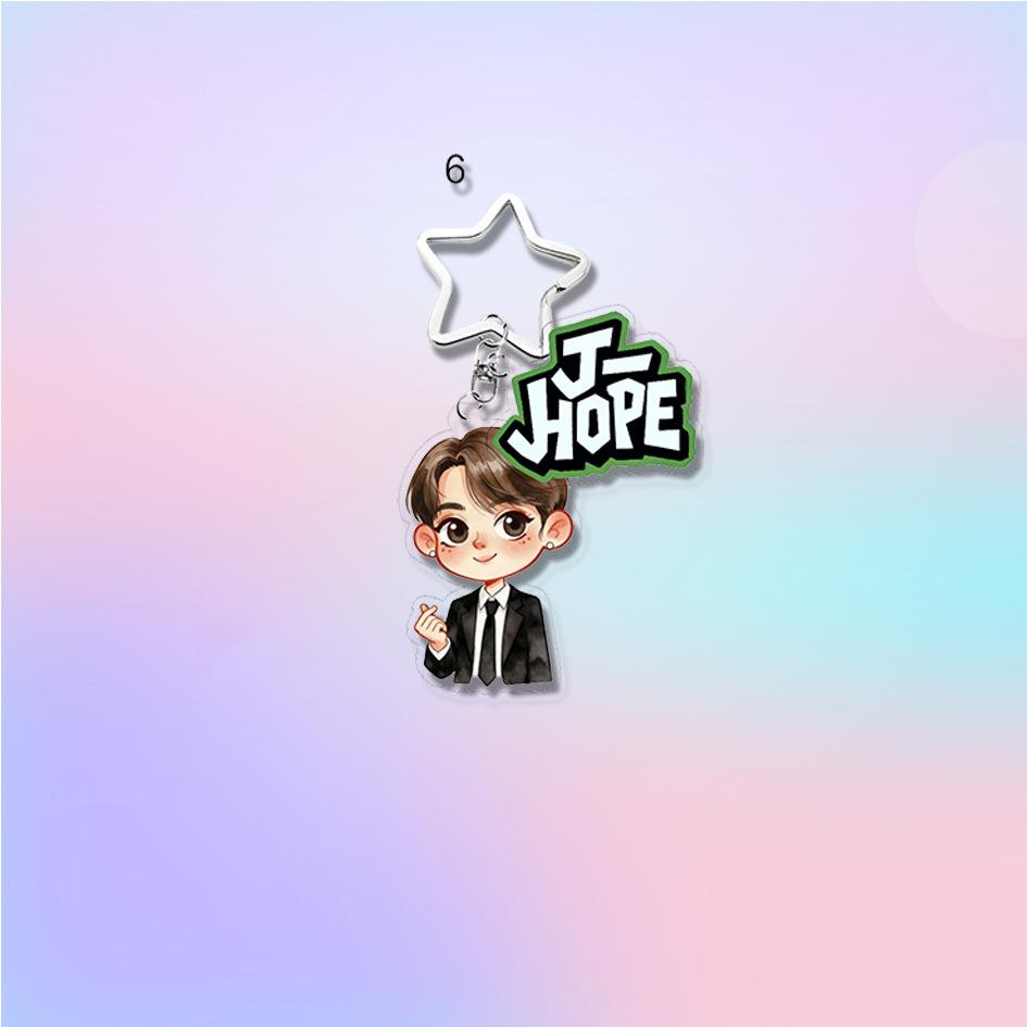 7 Stück BTS Schuluniform-Stil Cartoon Schlüsselanhänger, Bangtan Boys Figur mit buntem Namensschild & Stern-Anhänger, Kpop Idol Taschenanhänger für ARMY Fans
