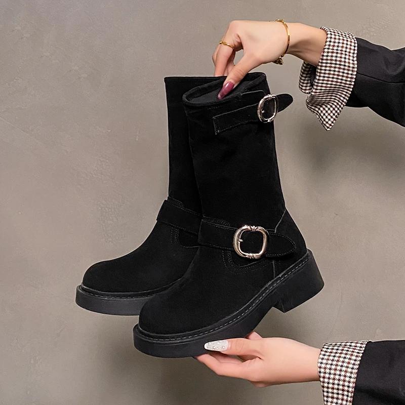 Women Western Cowgirl Boots Fashion Belt Buckle Shoes Autumn Winter Thick Heel Women's Mid Calf Booties  Women Shoes